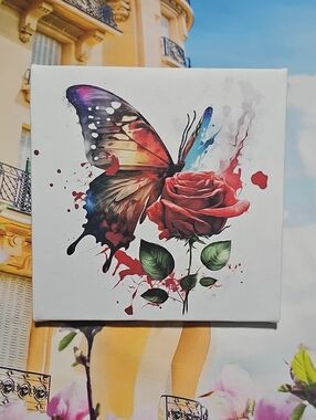 Beautiful Butterfly & Rose Watercolor Oil Painting Canvas Wall Art